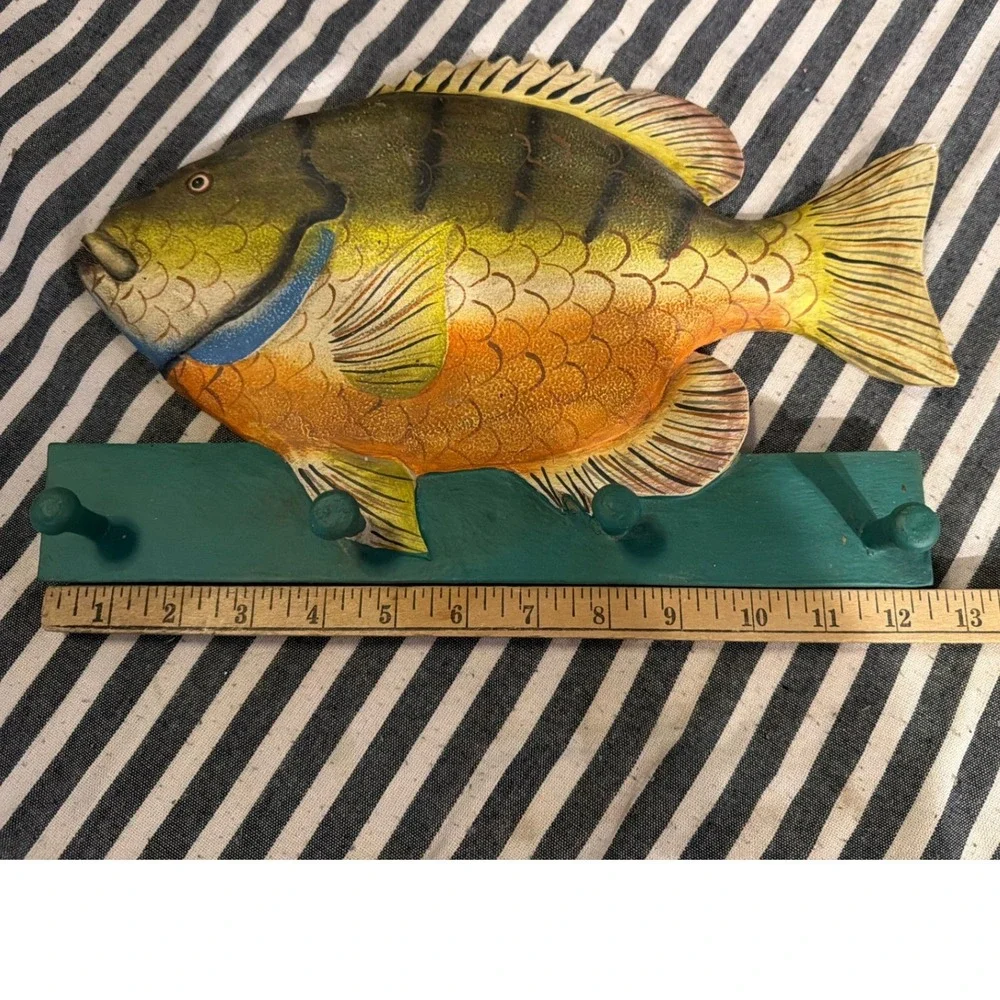 Vintage Style Hand Painted Wood Sunfish Bluegill Wall Hook Rack 4 Pegs 12.5in